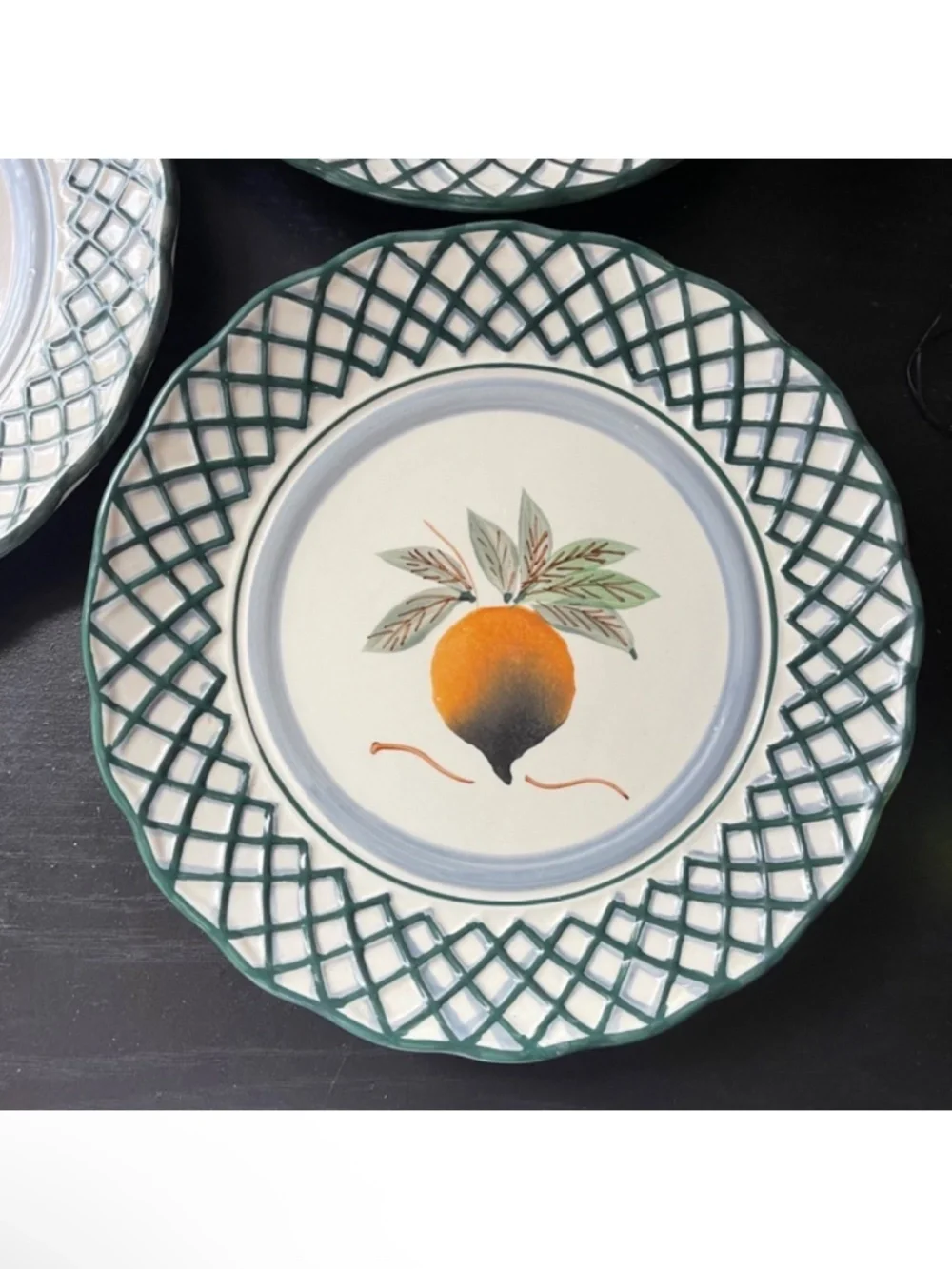 Royal Norfolk Fruit Dessert Plates Set of 3 Lattice Rim Cherry Pear Peach Cerami